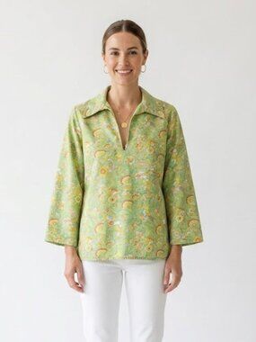Vintage 70s Handmade Floral Top Chartreuse Green Mod Tunic Blouse M